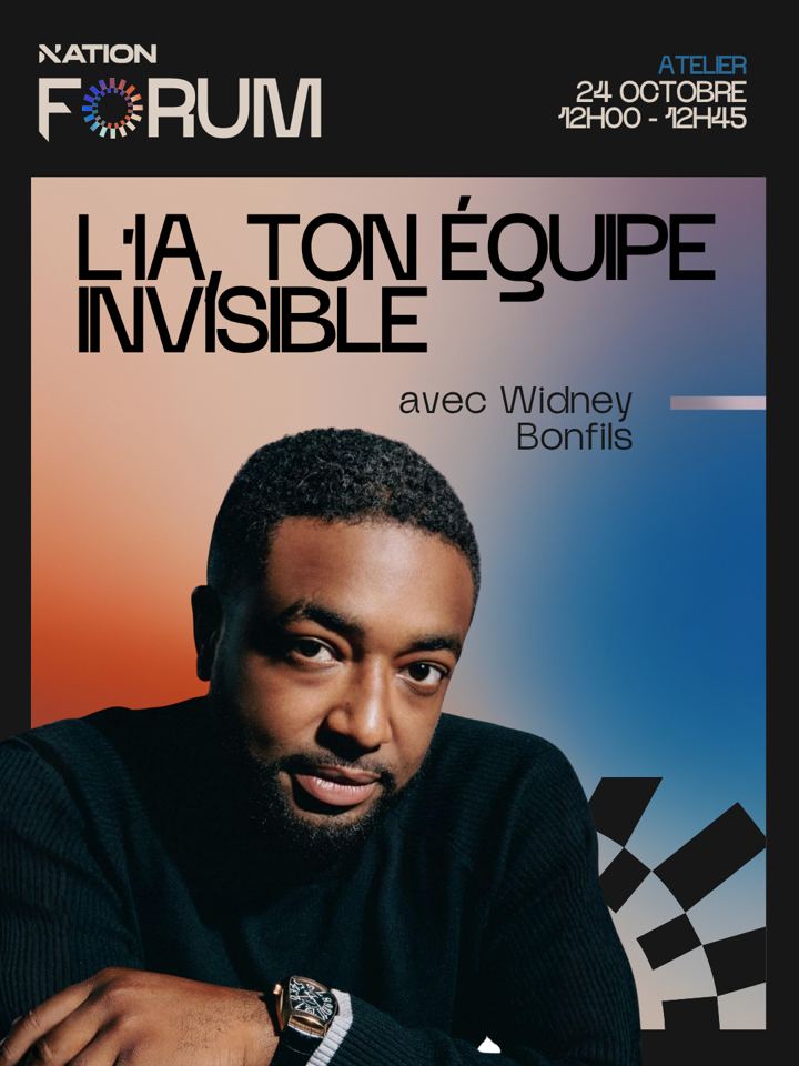 Affiche de l'atelier L'IA, ton équipe invisible, avec Widney Bonfils, Nation Forum, 24 octobre, 12 h à 12 h 45